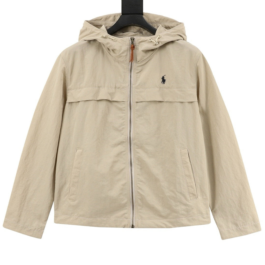 Polo Ralph Lauren Men's Beige Hooded Windbreaker with Navy Pony Logo