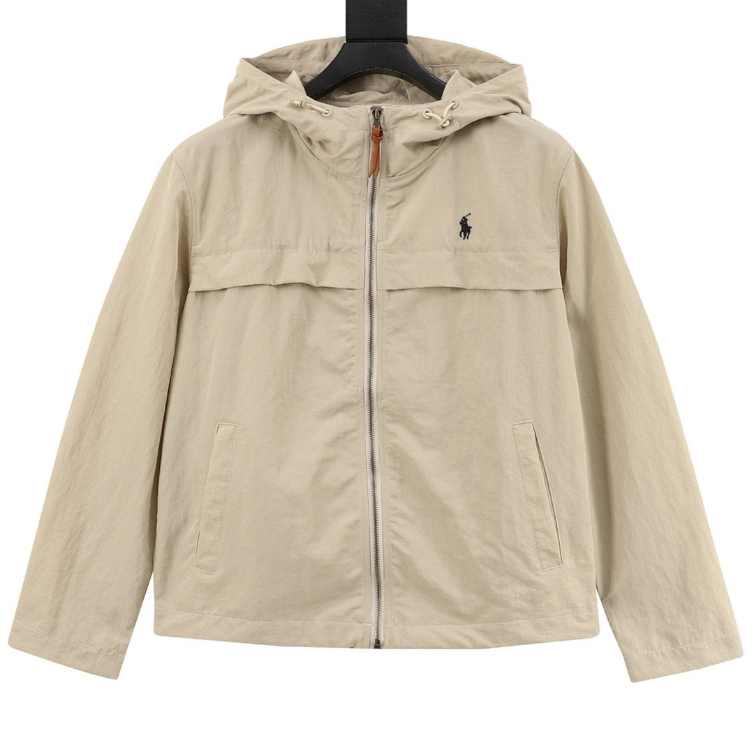 Polo Ralph Lauren Men's Beige Hooded Windbreaker with Navy Pony Logo