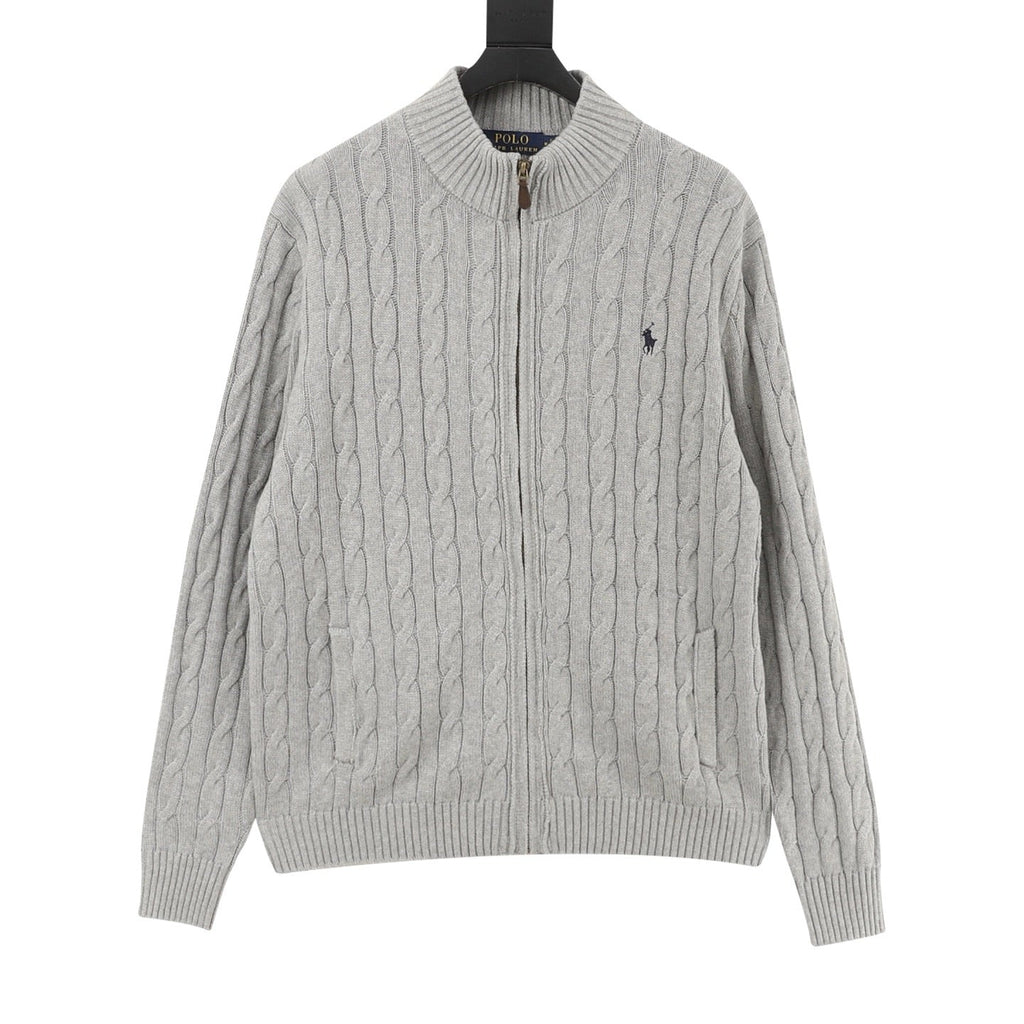 Polo Ralph Lauren Men's Grey Cable-Knit Full-Zip Cardigan with Navy Pony Logo