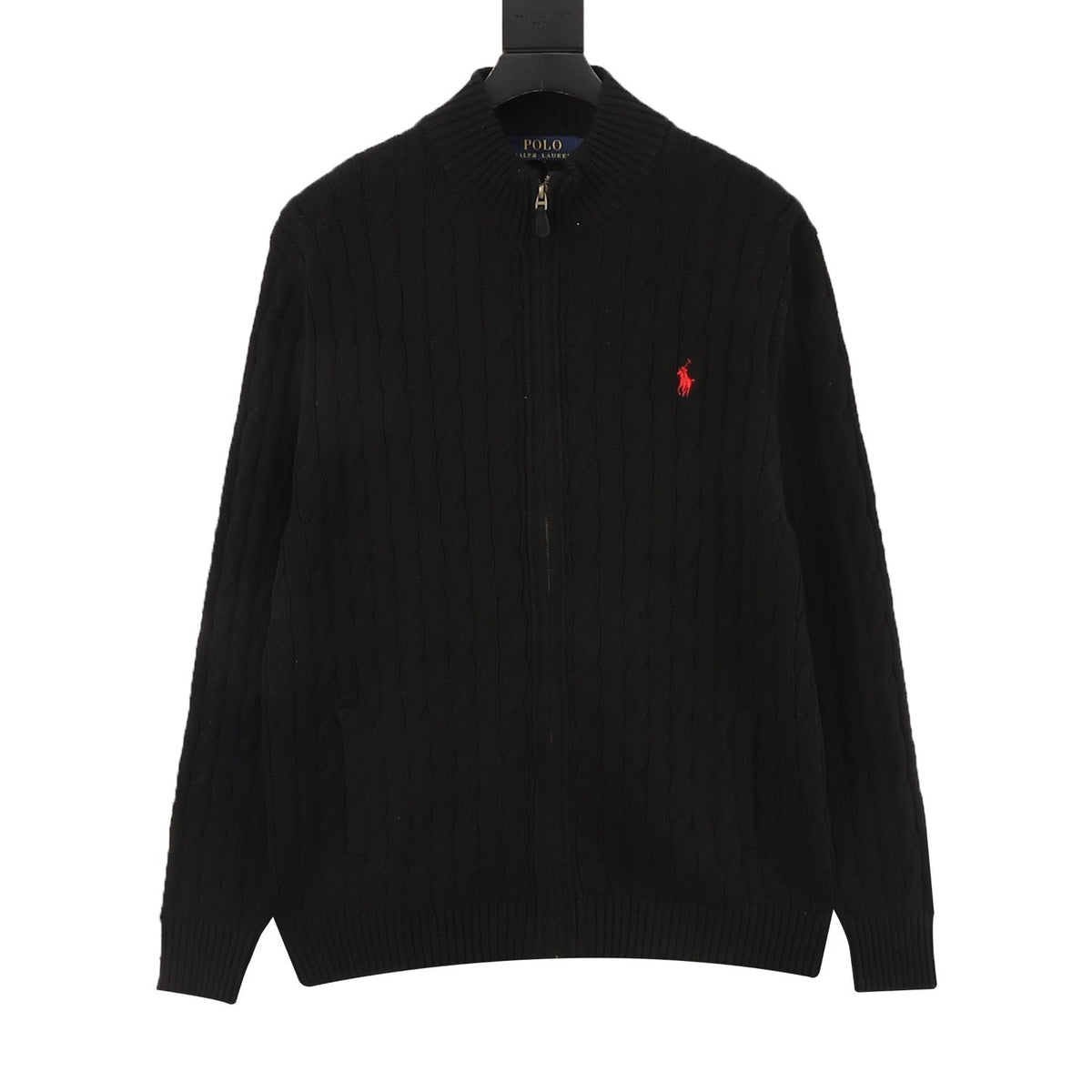 Polo Ralph Lauren Men's Black Cable-Knit Full-Zip Cardigan with Red Pony Logo