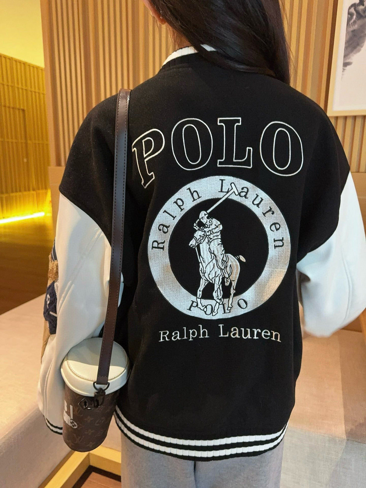 Polo Ralph Lauren Bear Embroidery Series Black‑White Color‑Block Varsity Jacket