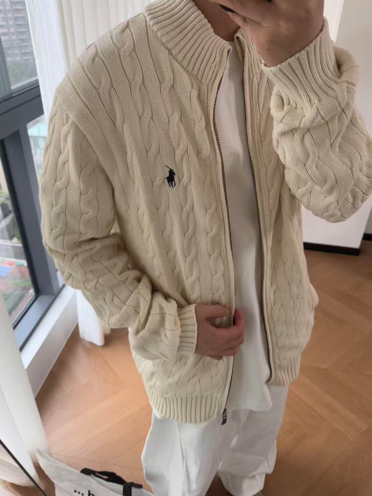 Polo Ralph Lauren Men's Cream Cable-Knit Full-Zip Cardigan