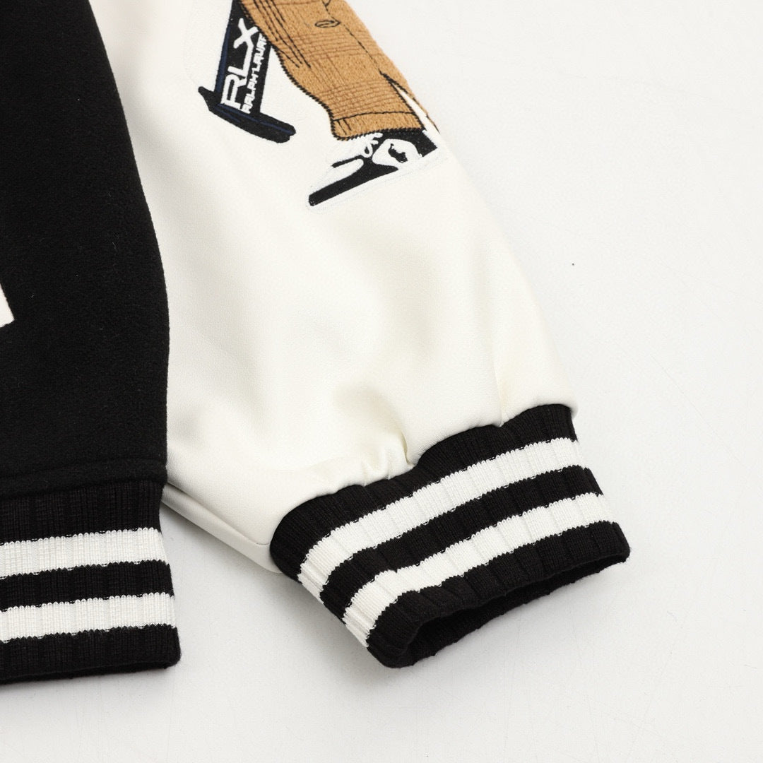 Polo Ralph Lauren Bear Embroidery Series Black‑White Color‑Block Varsity Jacket
