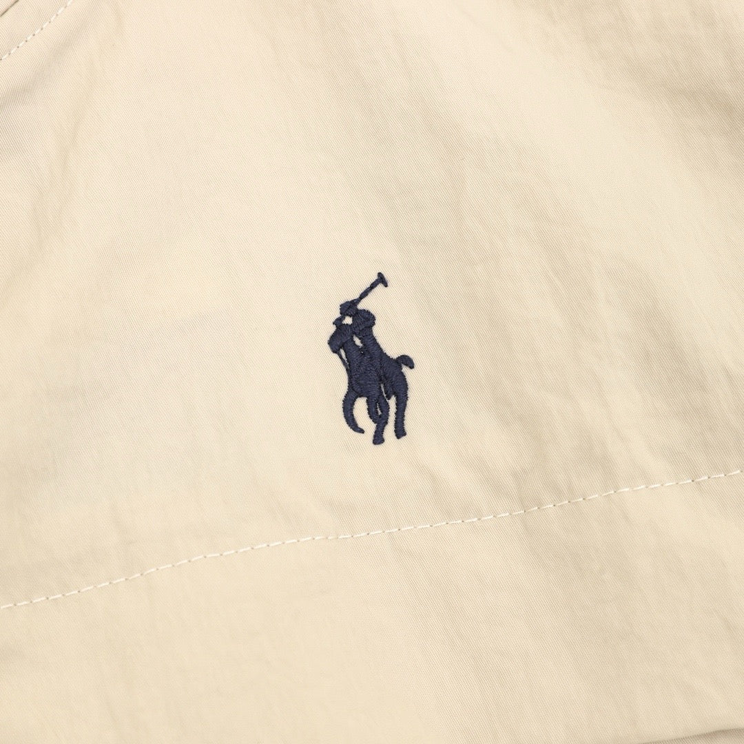 Polo Ralph Lauren Men's Beige Hooded Windbreaker with Navy Pony Logo