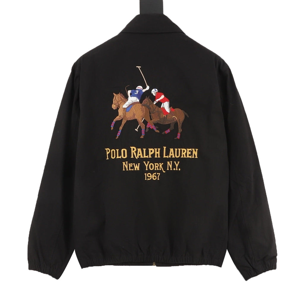 Polo Ralph Lauren Men's Black Poplin Harrington Jacket with Double-Pony Back Embroidery