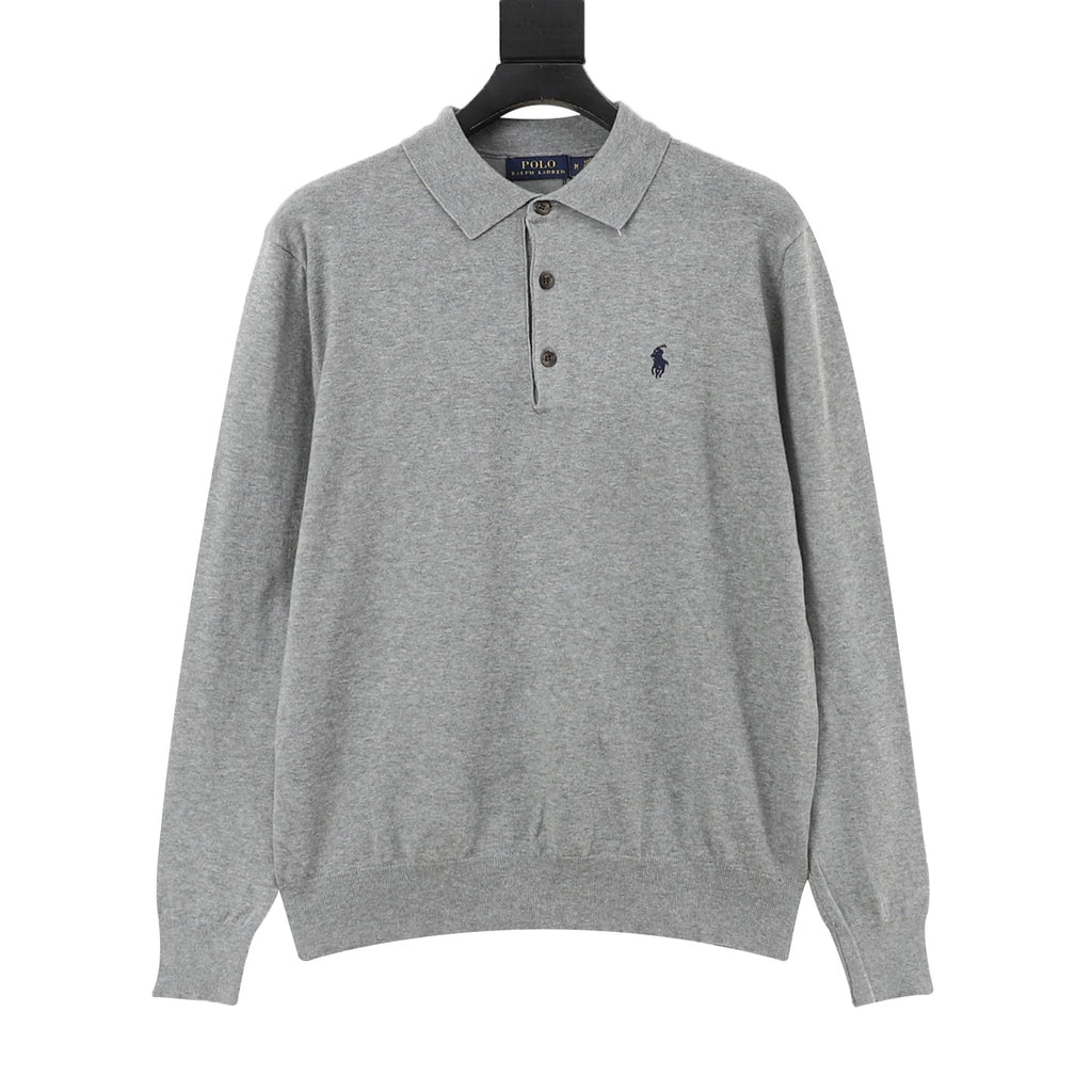 Polo Ralph Lauren Classic‑Fit Heather Gray Knit Long Sleeve Polo Shirt