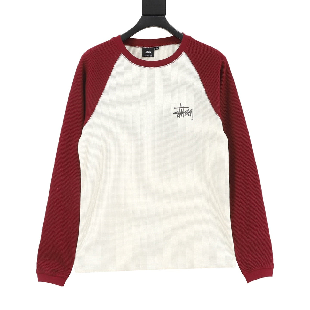 Stussy Logo Raglan Waffle Long‑Sleeve Tee Off‑White Burgundy