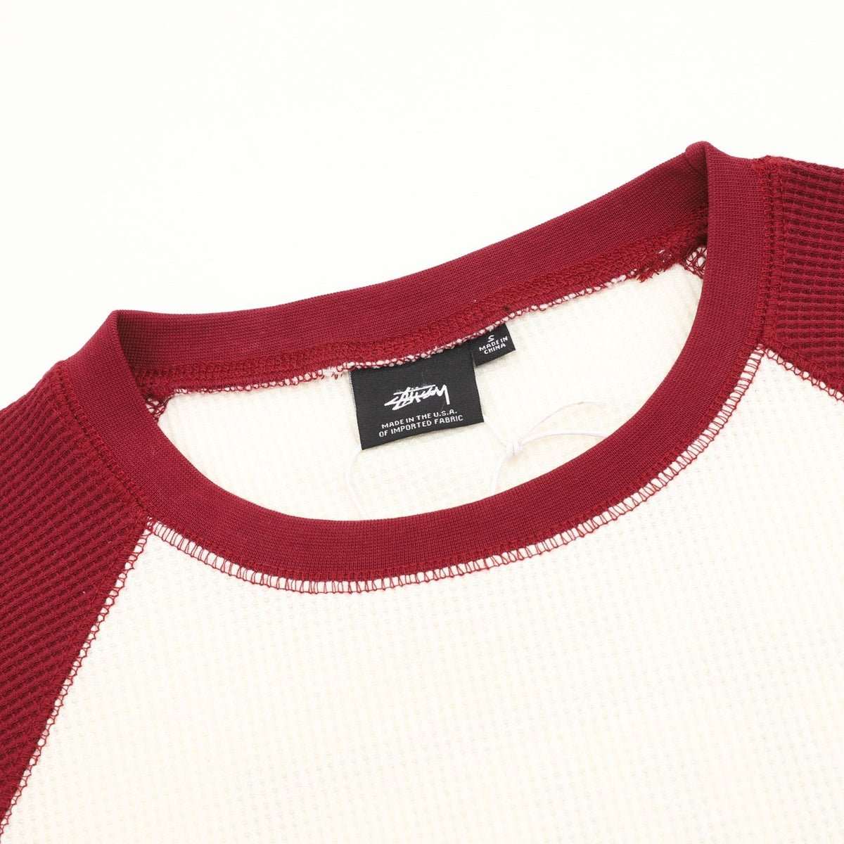 Stussy Logo Raglan Waffle Long‑Sleeve Tee Off‑White Burgundy