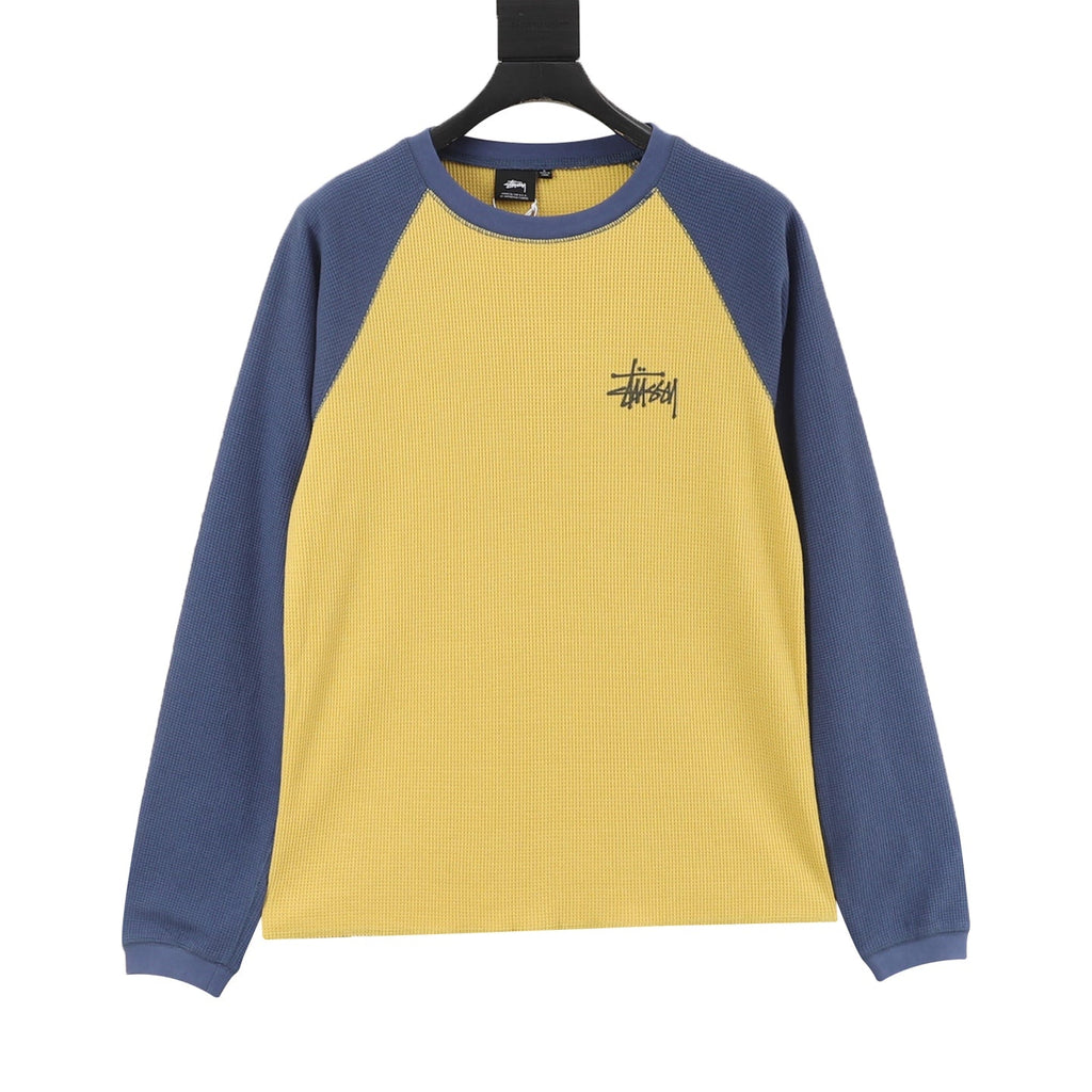 Stussy Logo Raglan Waffle Long‑Sleeve Tee Yellow Blue