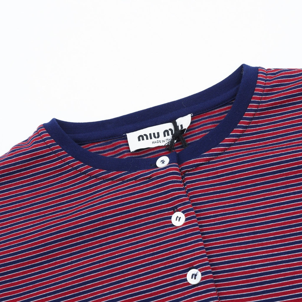 Miu Miu Striped Henley Neck Long‑Sleeve Top Red Navy