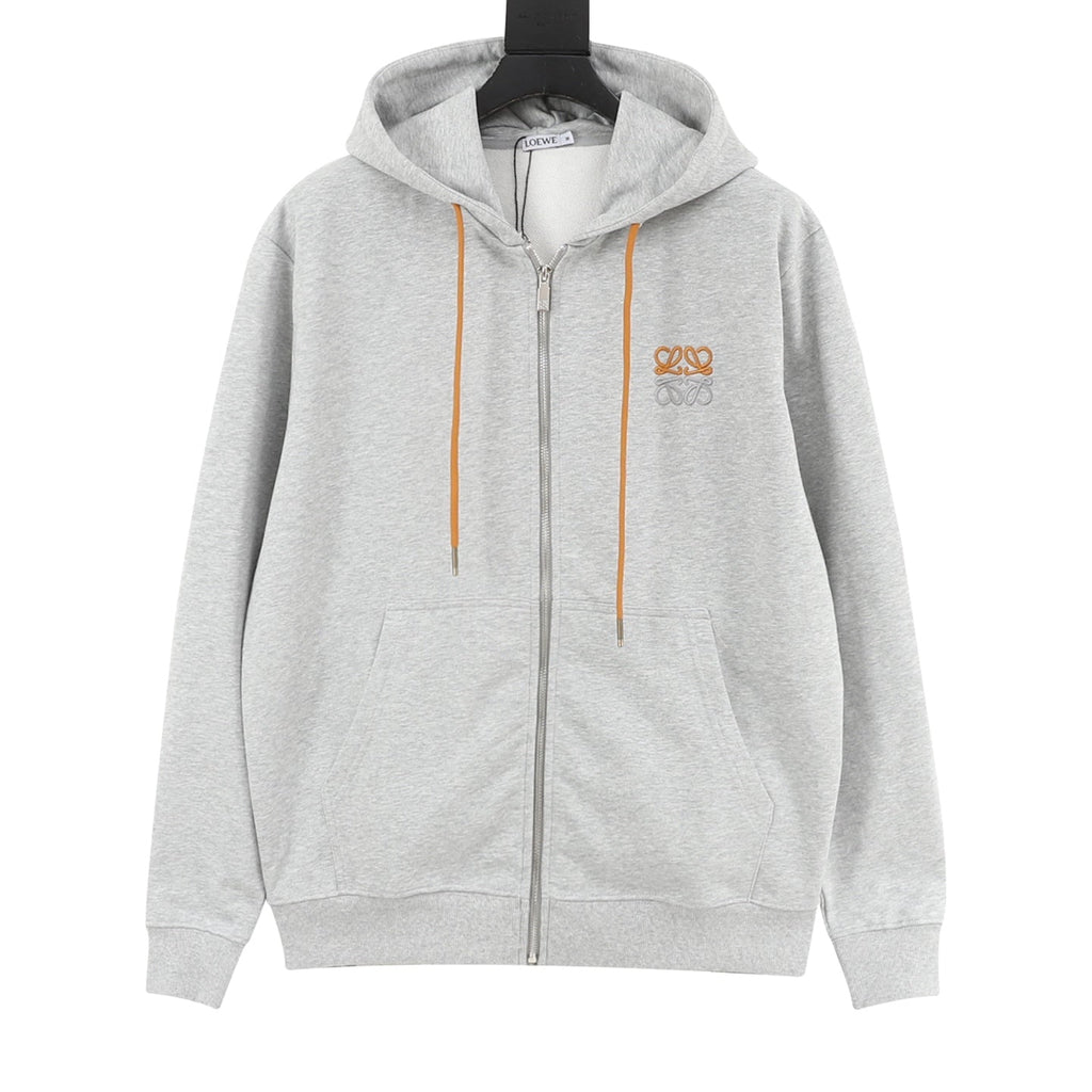Loewe Anagram‑Logo Full‑Zip Hoodie Light Grey Orange Drawstring