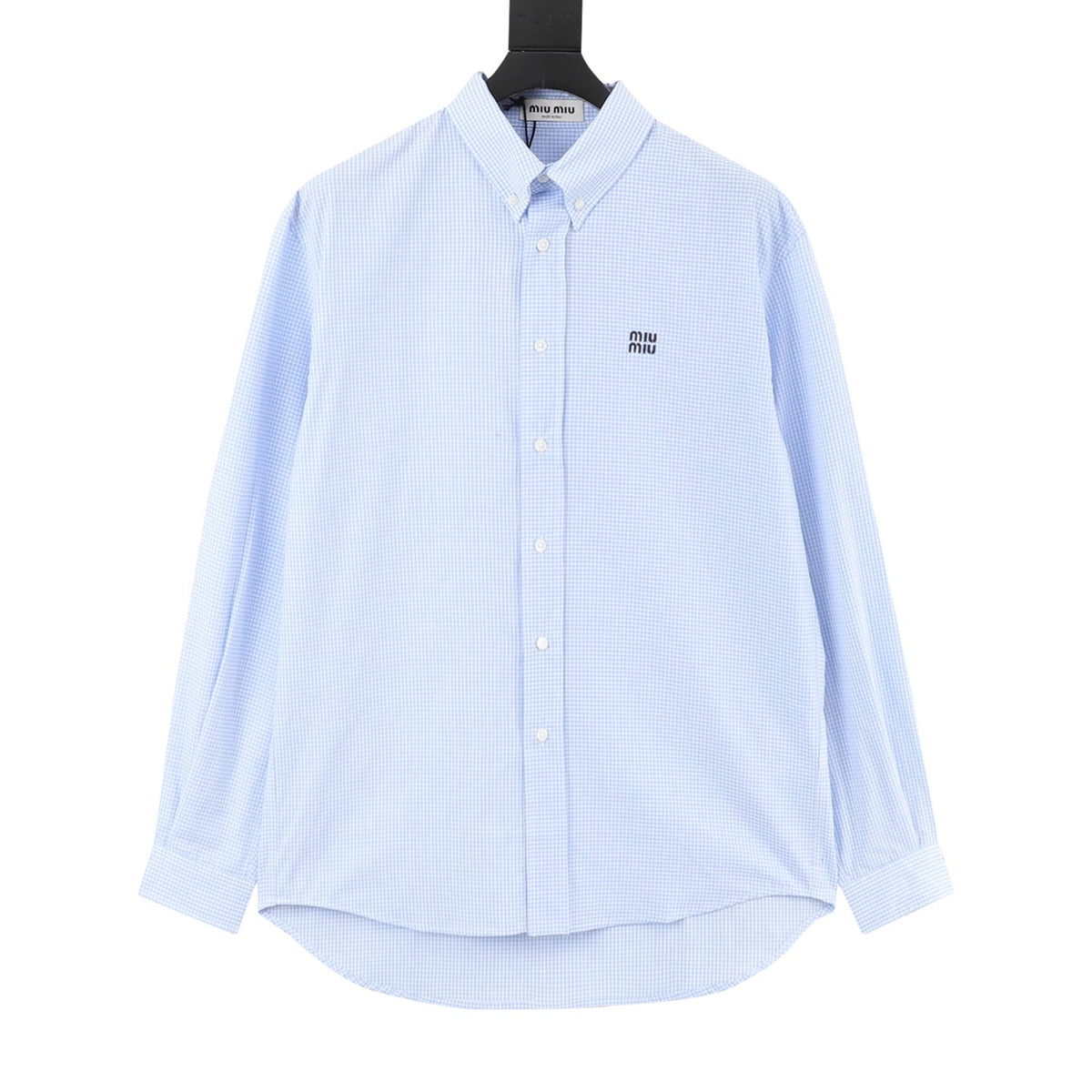 Miu Miu Gingham Embroidered Logo Long‑Sleeve Shirt Light Blue