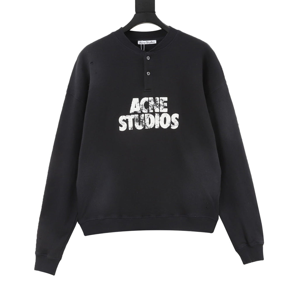 Acne Studios Logo Print Black Henley Sweatshirt