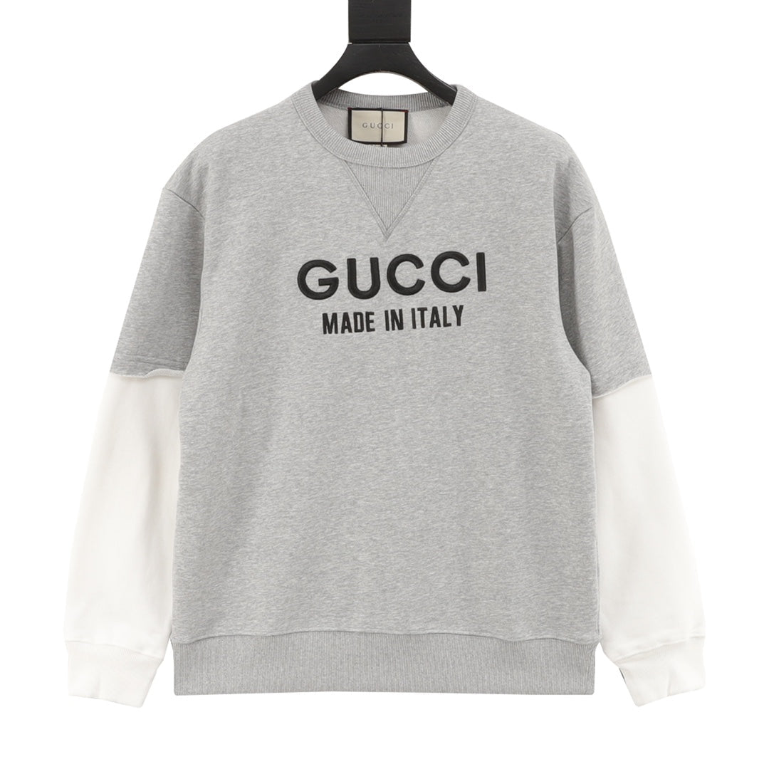 Gucci Embroidered Logo Color Block Crew Neck Sweatshirt Grey White