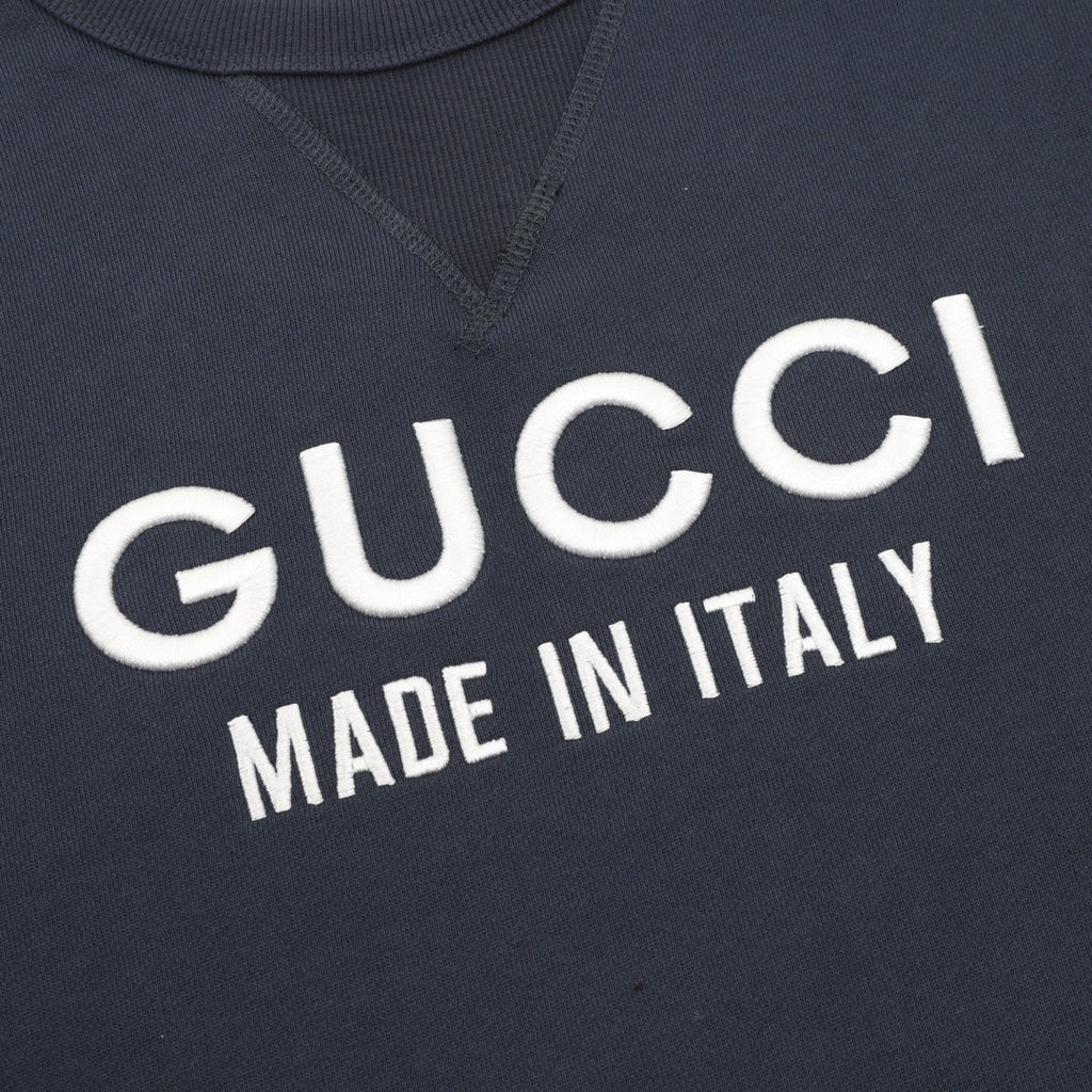 Gucci Embroidered Logo Color Block Crew Neck Sweatshirt Navy White