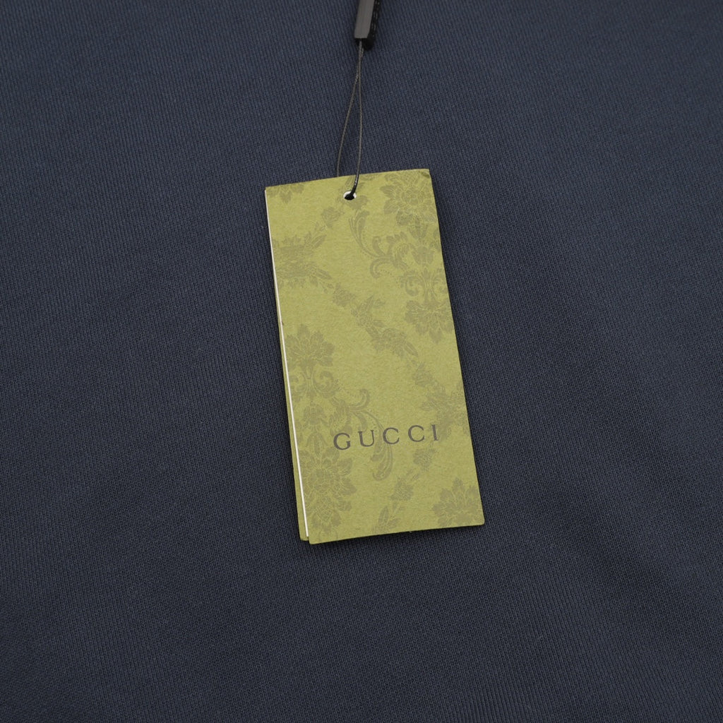 Gucci Embroidered Logo Color Block Crew Neck Sweatshirt Navy White