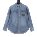 Celine Paris Patch Logo Blue Washed Denim Long Sleeve Shirt