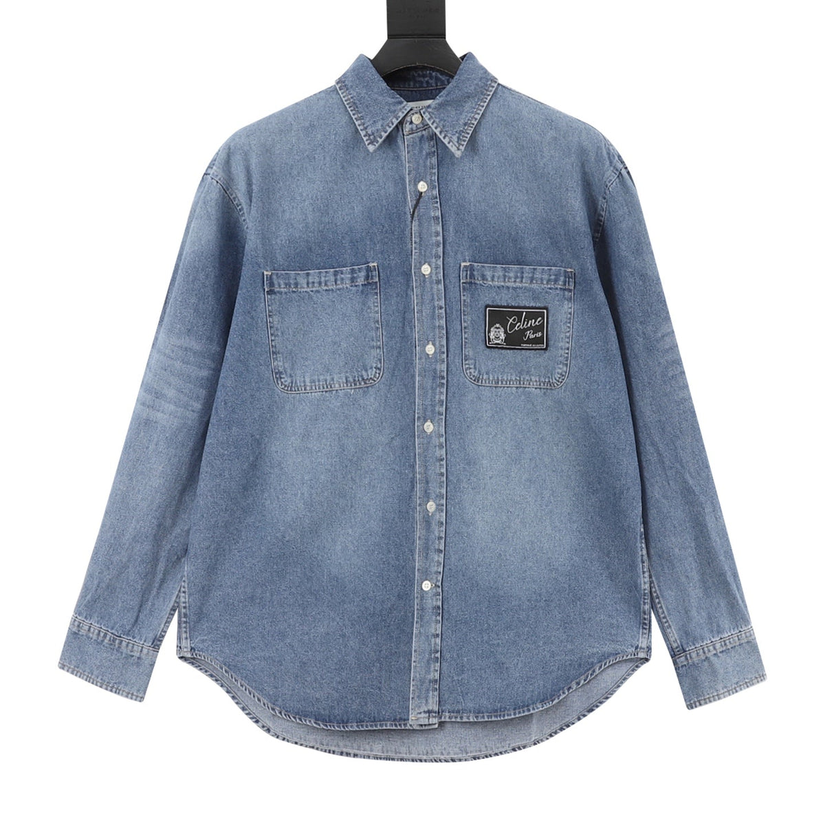 Celine Paris Patch Logo Blue Washed Denim Long Sleeve Shirt