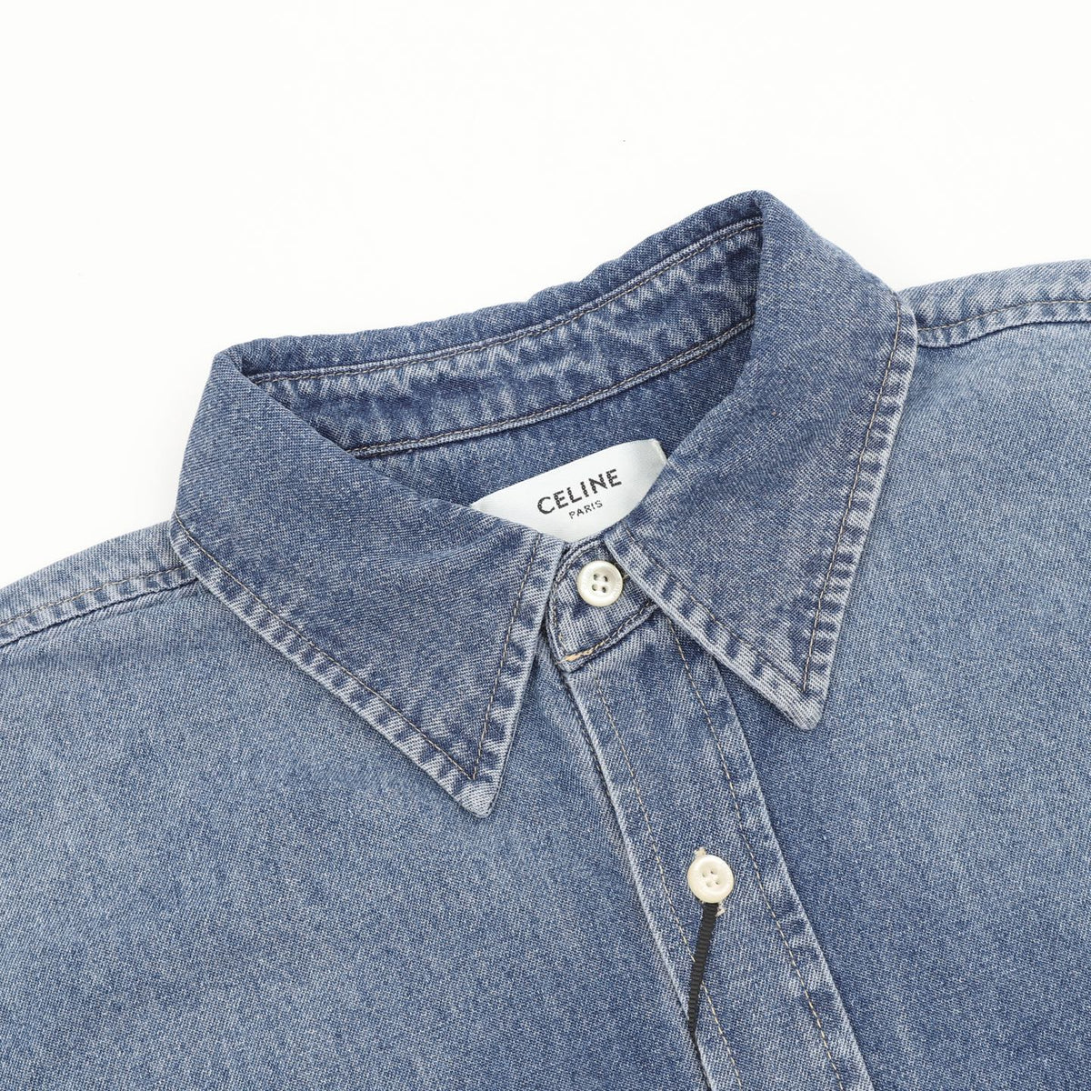 Celine Paris Patch Logo Blue Washed Denim Long Sleeve Shirt
