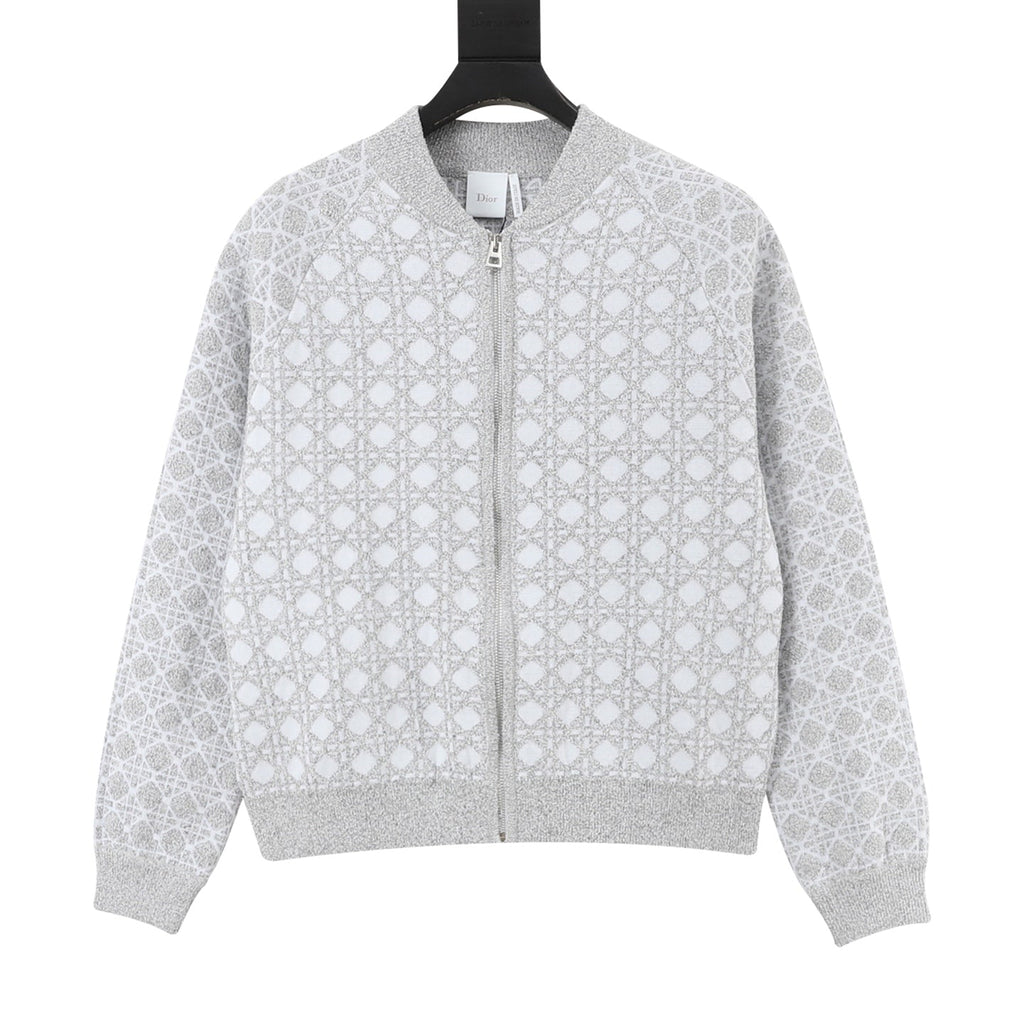 Dior Cannage Knit Zip Bomber Jacket White Grey