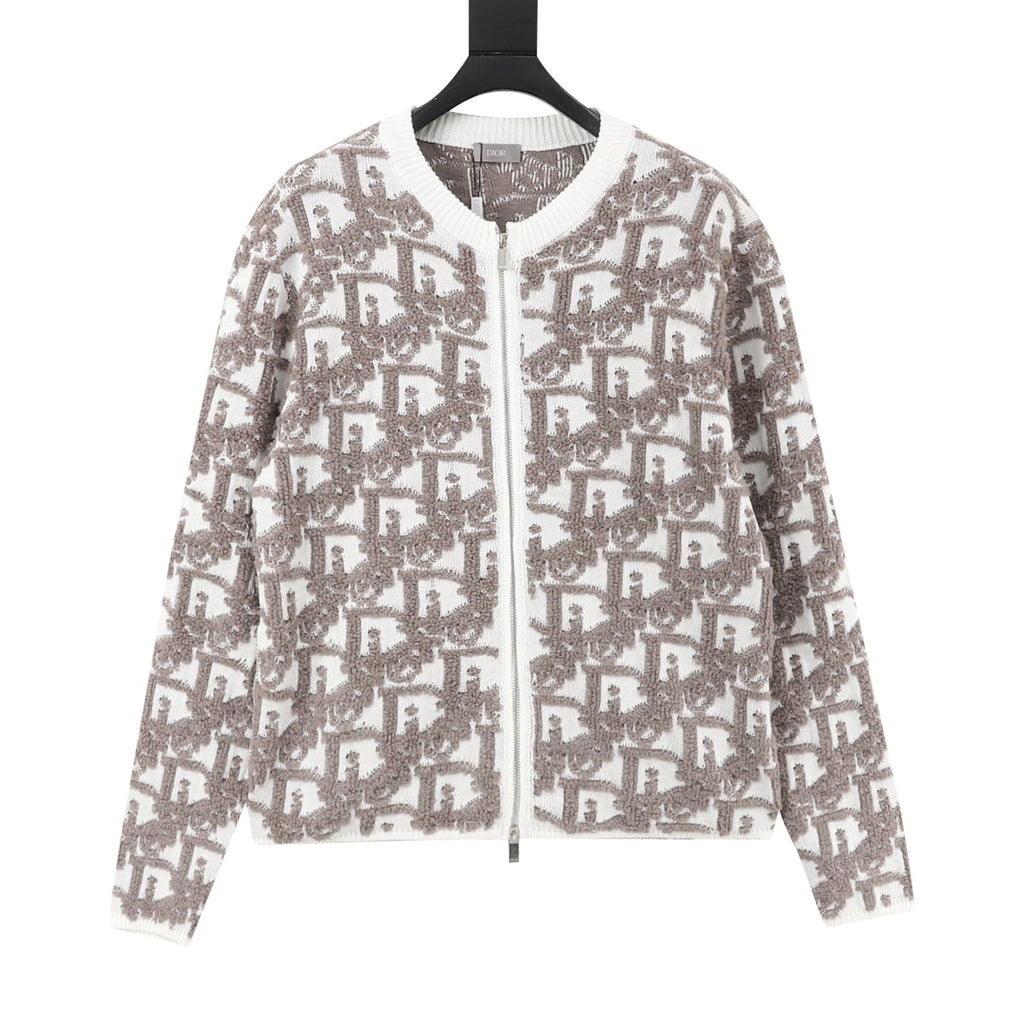 Dior Oblique Jacquard Zip Knit Cardigan White Taupe