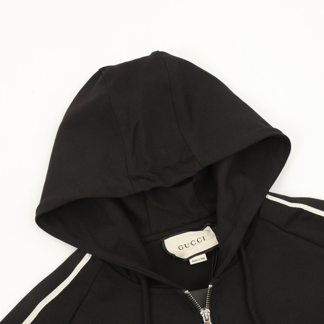 Gucci Side Stripe Logo Embroidered Full Zip Hooded Jacket Black