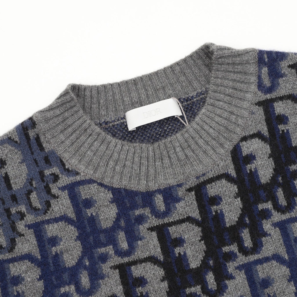 Dior Oblique Crew Neck Wool Sweater Grey Blue