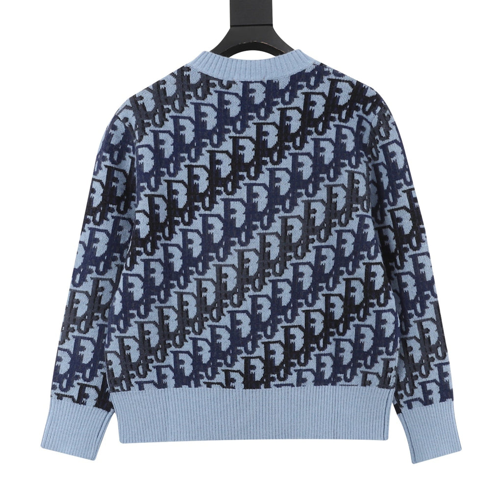 Dior Oblique All Over Logo Light Blue Crew Neck Knit Sweater