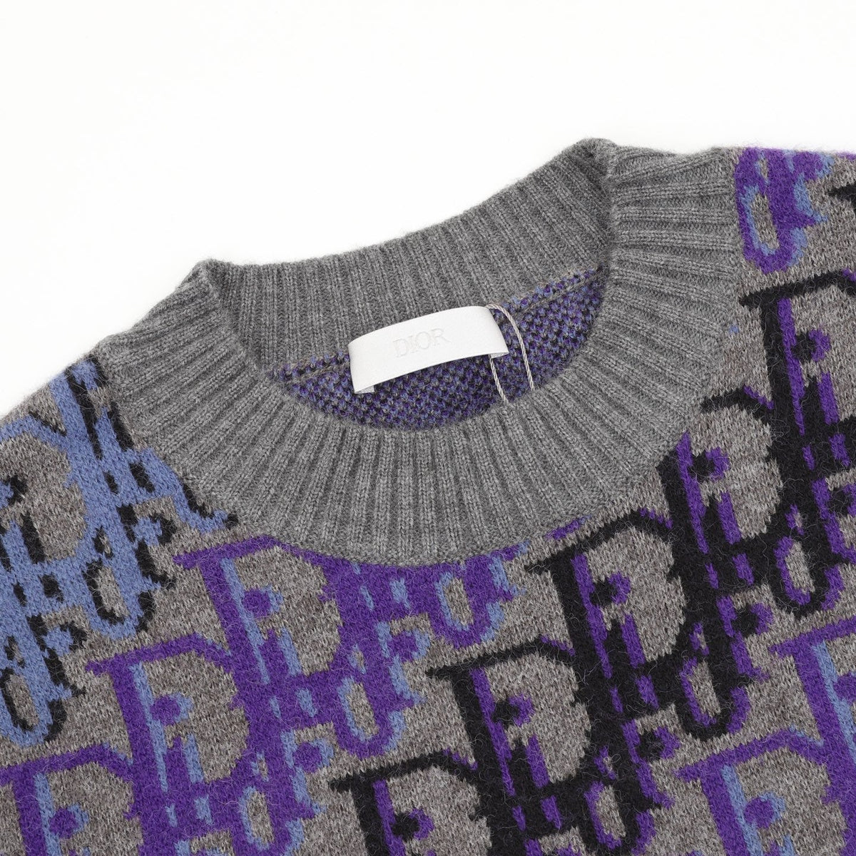 Dior Oblique All Over Logo Gray Purple Crew Neck Knit Sweater