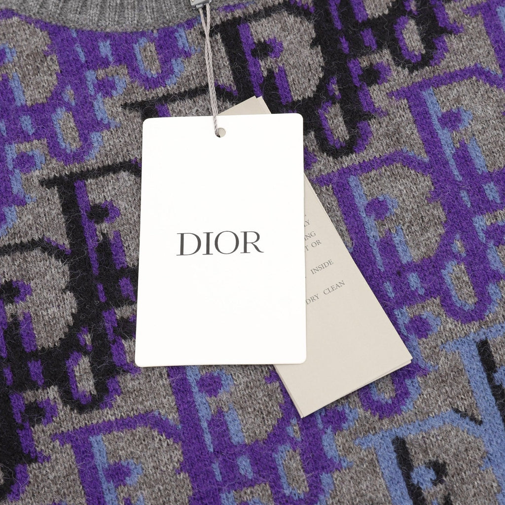 Dior Oblique All Over Logo Gray Purple Crew Neck Knit Sweater
