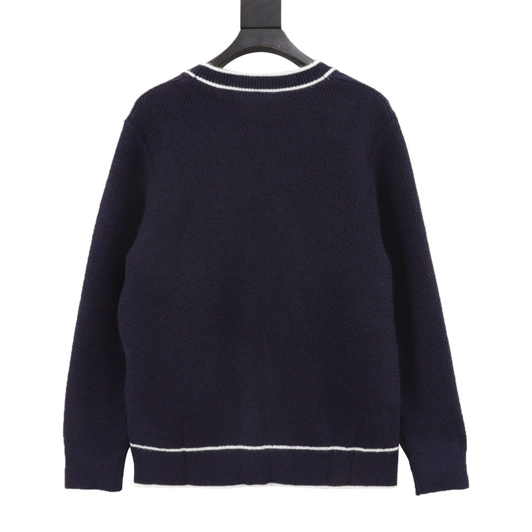 Gucci Interlocking G Logo V Neck Wool Cardigan Navy White