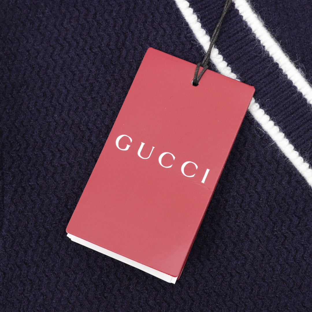 Gucci Interlocking G Logo V Neck Wool Cardigan Navy White