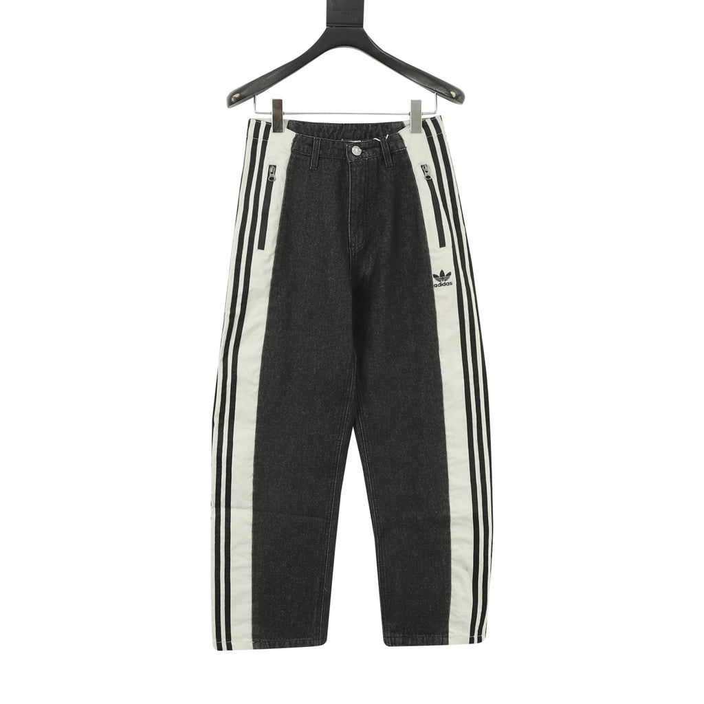 Adidas Trefoil Series Black Denim Off White Panel Wide Leg Jeans