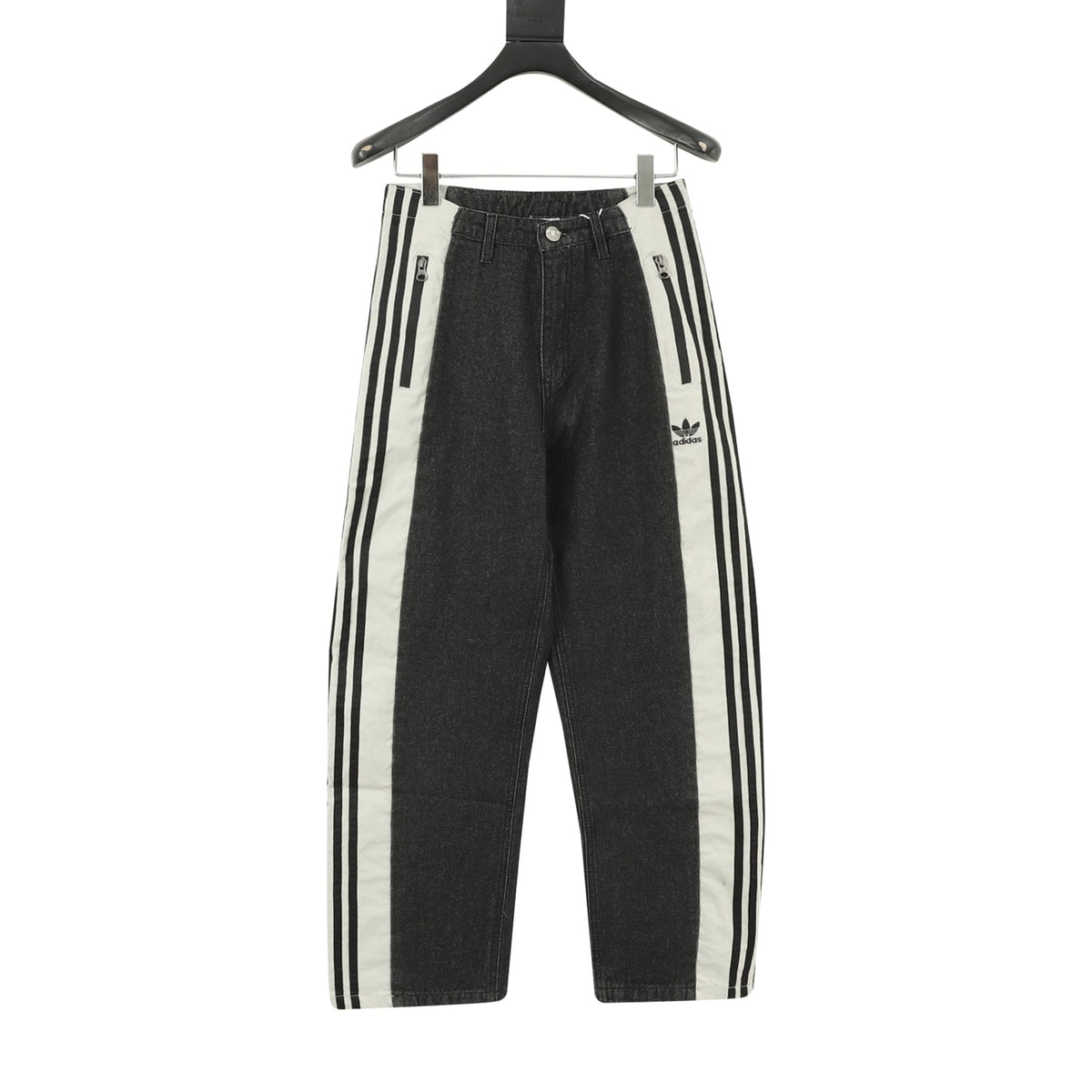 Adidas Trefoil Series Black Denim Off White Panel Wide Leg Jeans