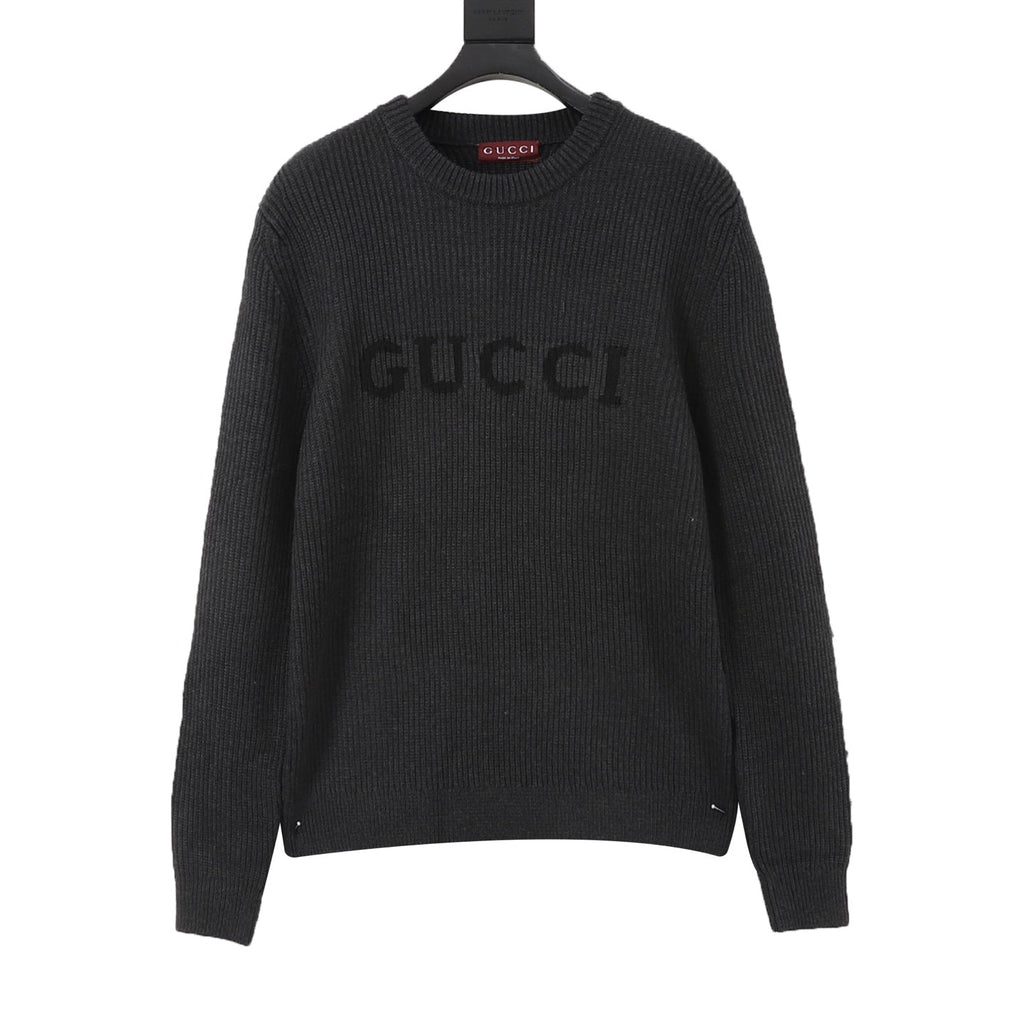 Gucci Logo Jacquard Ribbed Crew Neck Wool Sweater Dark Grey