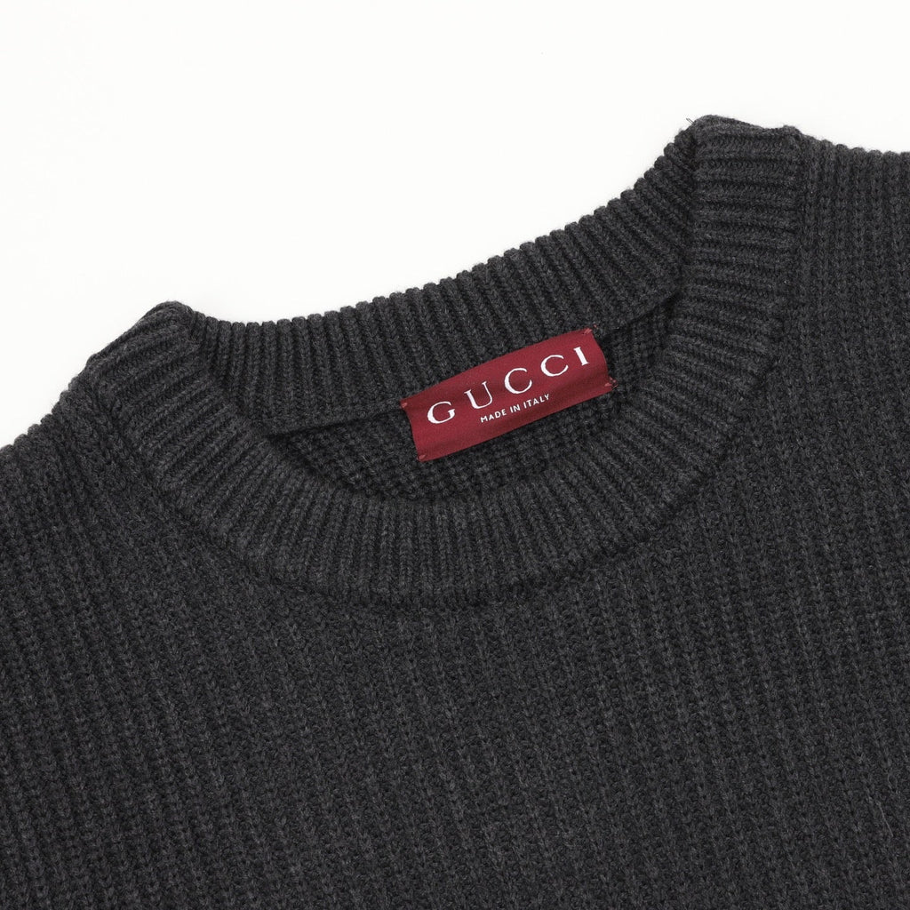 Gucci Logo Jacquard Ribbed Crew Neck Wool Sweater Dark Grey