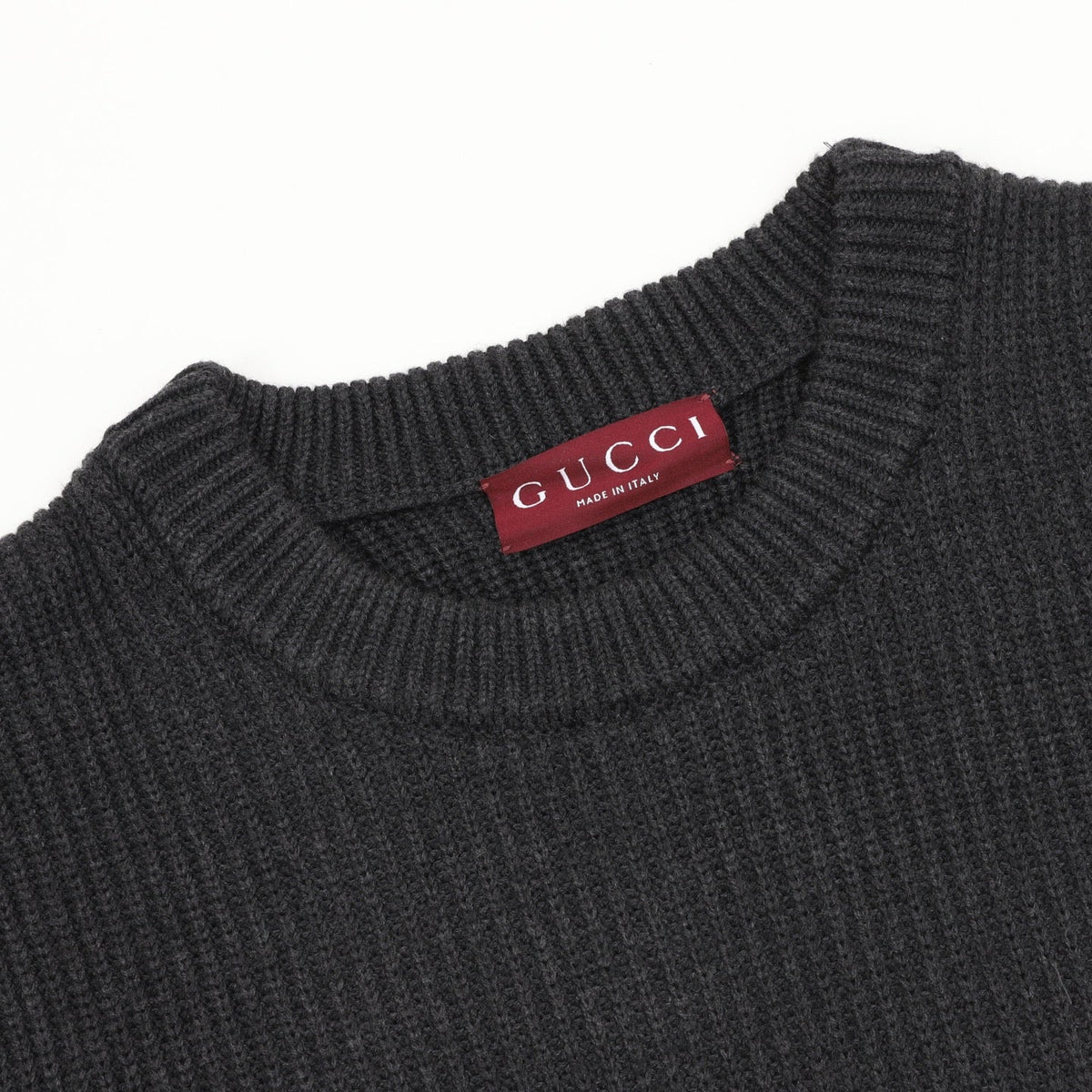 Gucci Logo Jacquard Ribbed Crew Neck Wool Sweater Dark Grey