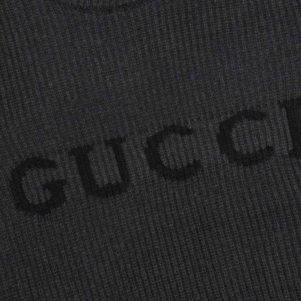 Gucci Logo Jacquard Ribbed Crew Neck Wool Sweater Dark Grey