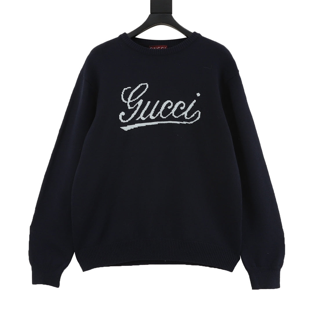 Gucci Vintage Script Logo Crew Neck Wool Sweater Navy