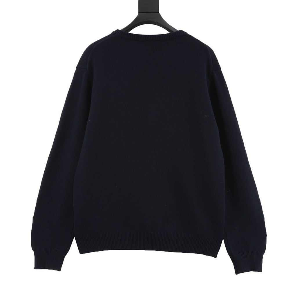 Gucci Vintage Script Logo Crew Neck Wool Sweater Navy