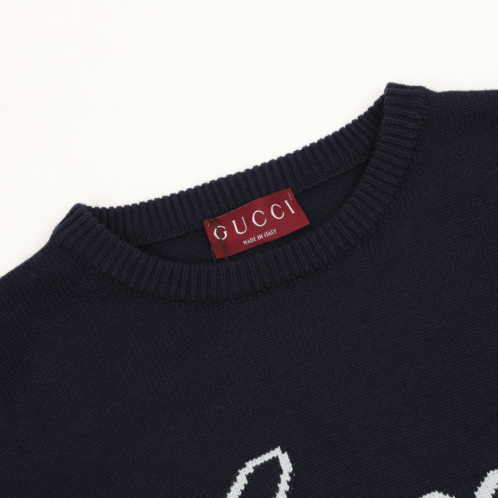 Gucci Vintage Script Logo Crew Neck Wool Sweater Navy