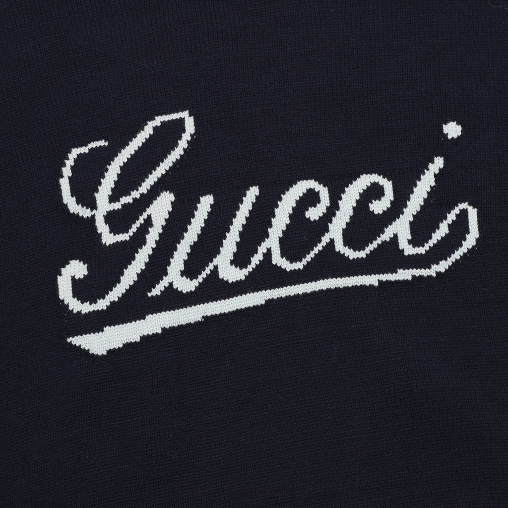 Gucci Vintage Script Logo Crew Neck Wool Sweater Navy