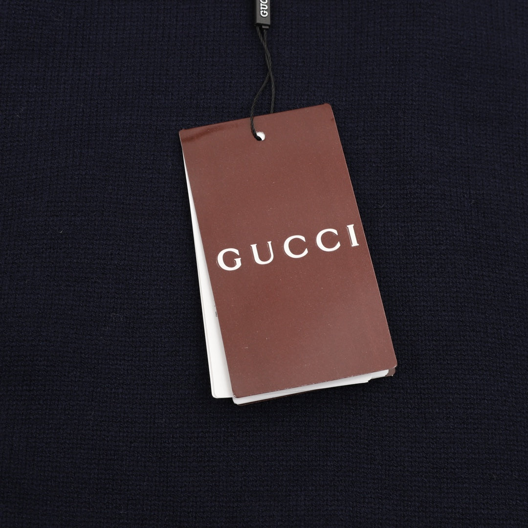 Gucci Vintage Script Logo Crew Neck Wool Sweater Navy
