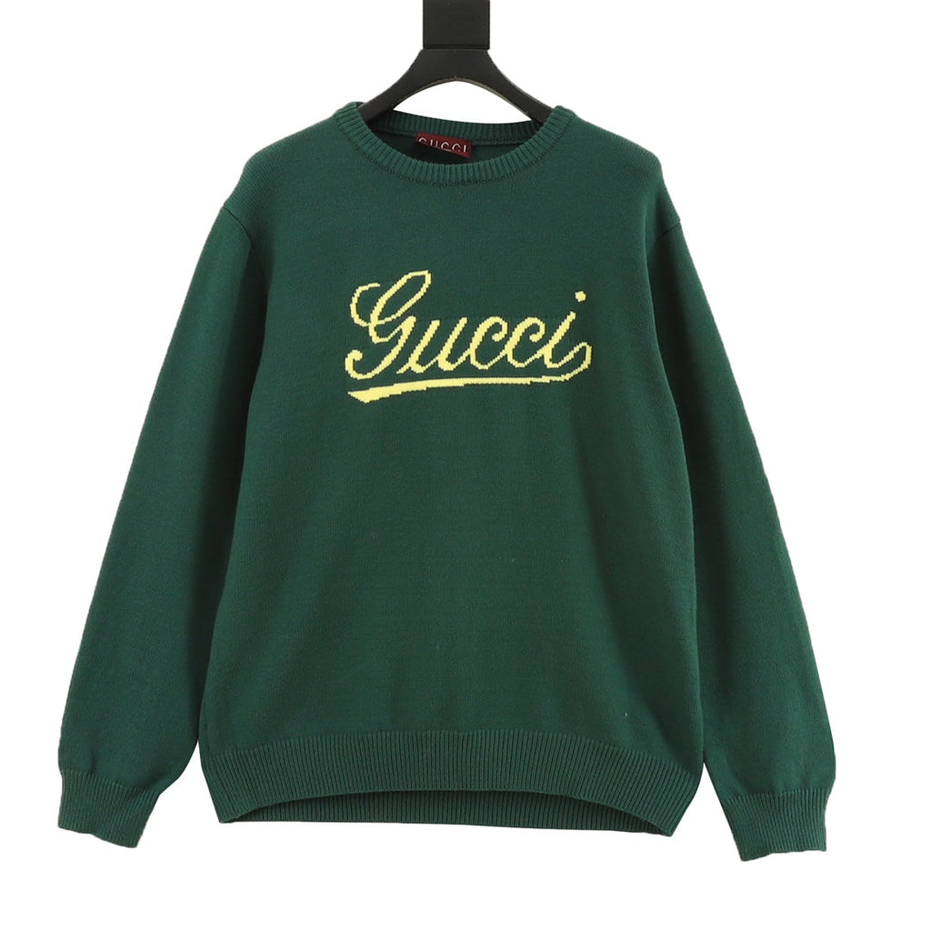 Gucci Vintage Script Logo Crew Neck Wool Sweater Green