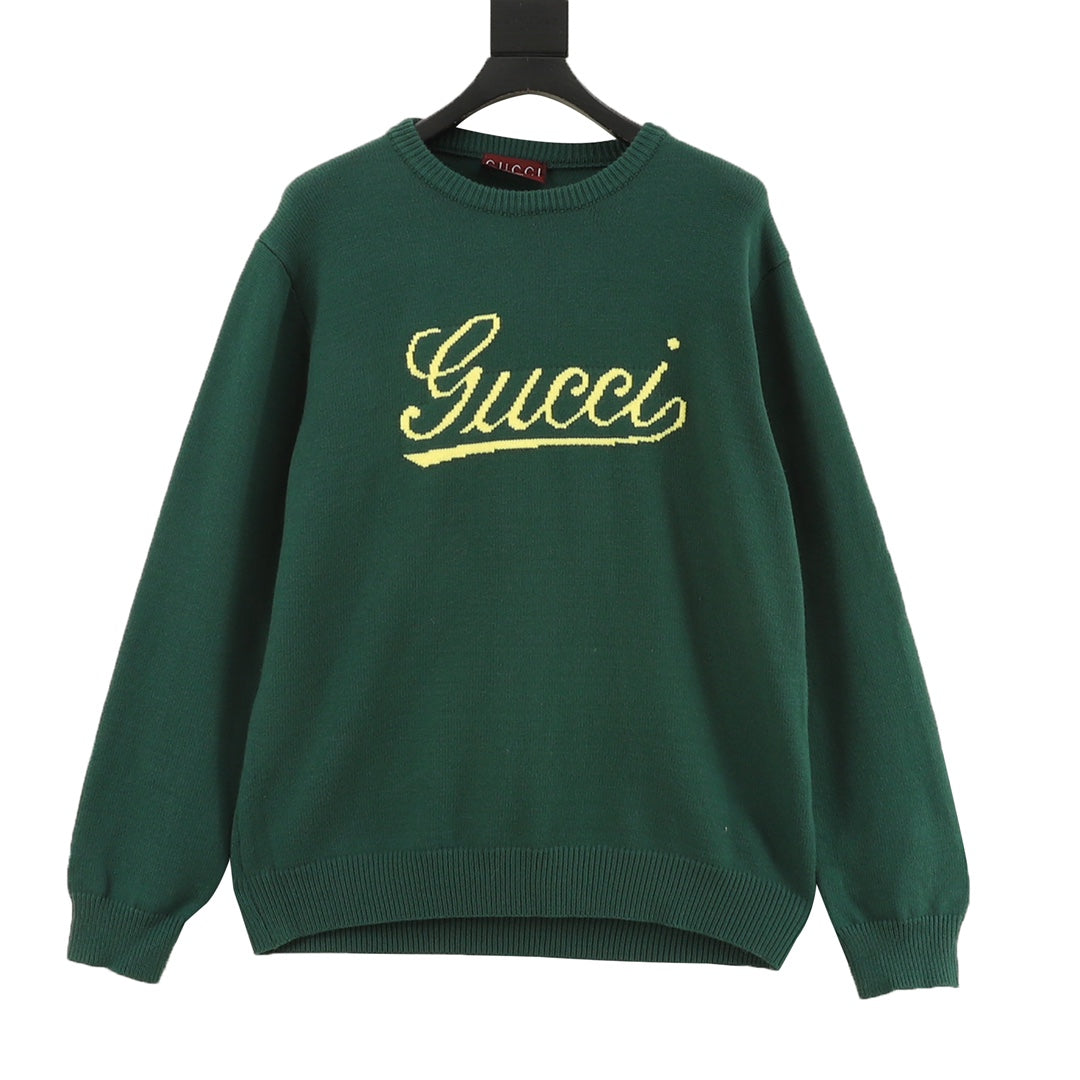 Gucci Vintage Script Logo Crew Neck Wool Sweater Green