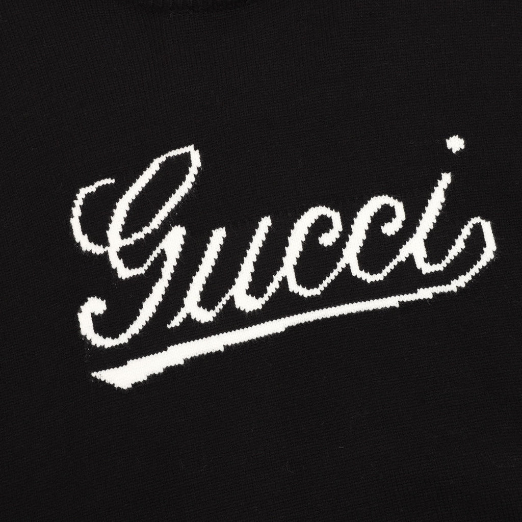 Gucci Vintage Script Logo Crew Neck Wool Sweater Black