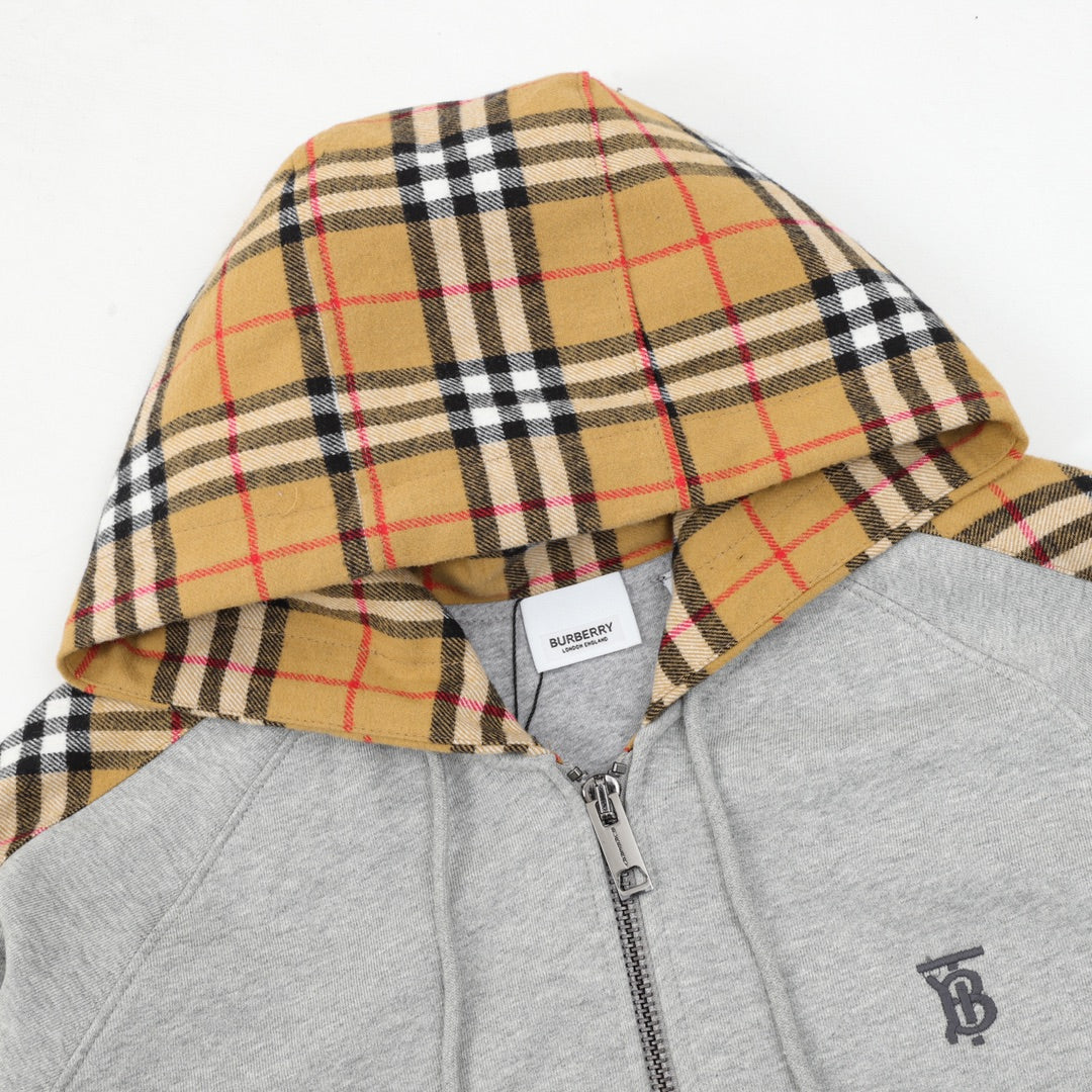 Burberry Vintage Check Panel Grey Zip Up Hoodie
