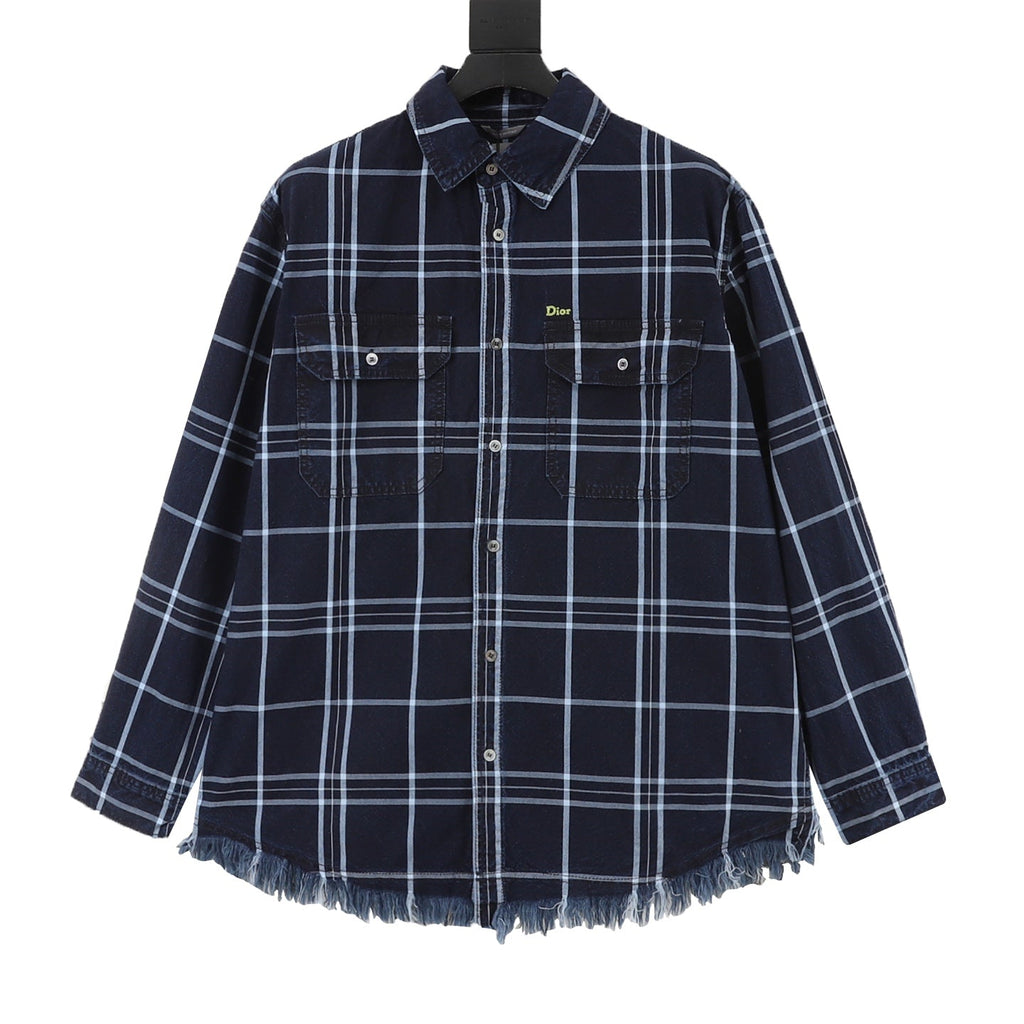Dior Plaid Fringe Hem Long Sleeve Shirt Navy Blue