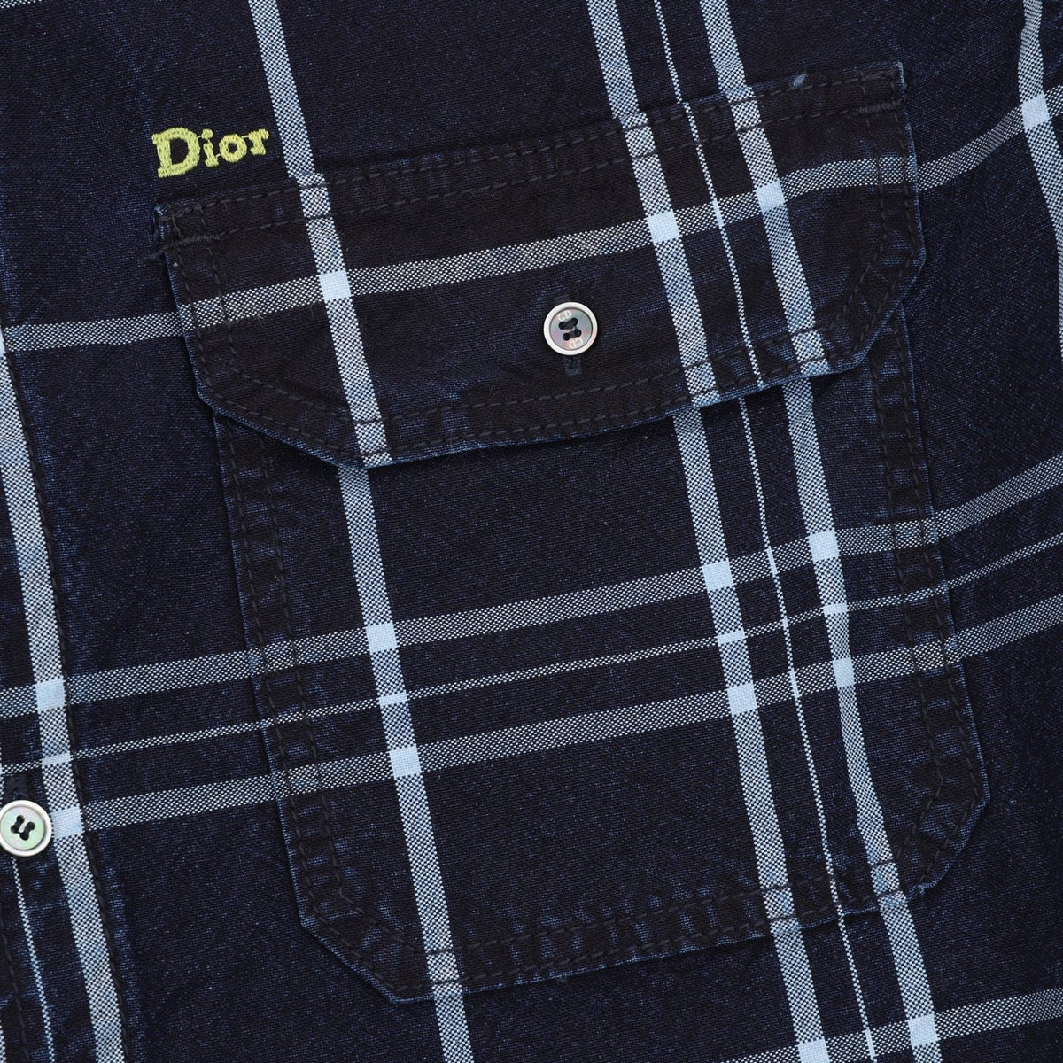 Dior Plaid Fringe Hem Long Sleeve Shirt Navy Blue