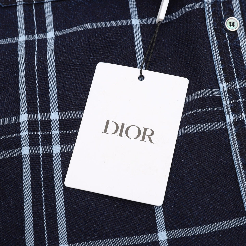 Dior Plaid Fringe Hem Long Sleeve Shirt Navy Blue
